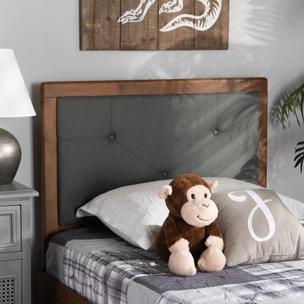 Baxton Studio Abner Modern and Contemporary Transitional Dark Grey Fabric Upholstered and Walnut Brown Finished Wood Full Size Headboard | Headboards | Modishstore