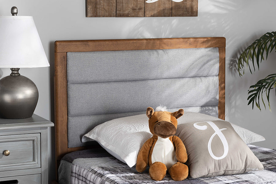 Baxton Studio Dexter Modern and Contemporary Light Grey Fabric Upholstered and Walnut Brown Finished Wood Twin Size Headboard | Headboards | Modishstore