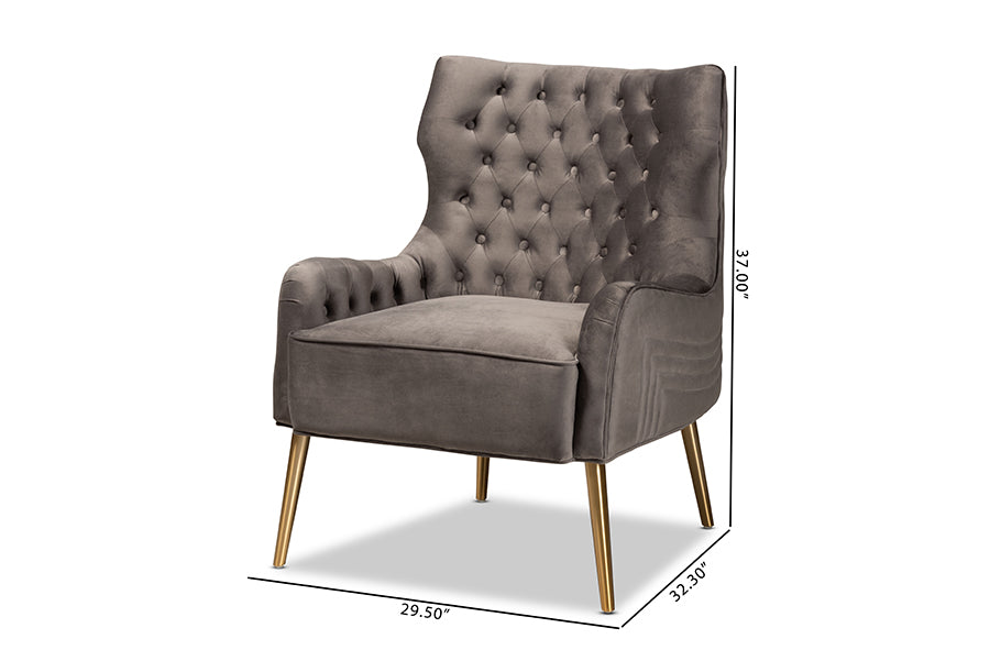 Baxton Studio Nelson Modern Luxe and Glam Grey Velvet Fabric Upholstered and Gold Finished Metal Armchair | Armchairs | Modishstore - 8