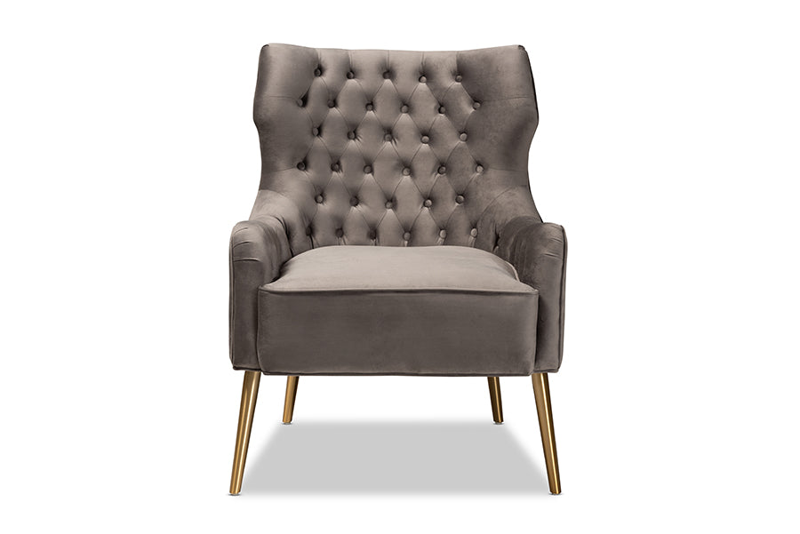 Baxton Studio Nelson Modern Luxe and Glam Grey Velvet Fabric Upholstered and Gold Finished Metal Armchair | Armchairs | Modishstore - 7