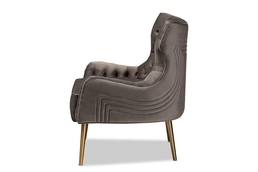 Baxton Studio Nelson Modern Luxe and Glam Grey Velvet Fabric Upholstered and Gold Finished Metal Armchair | Armchairs | Modishstore - 6