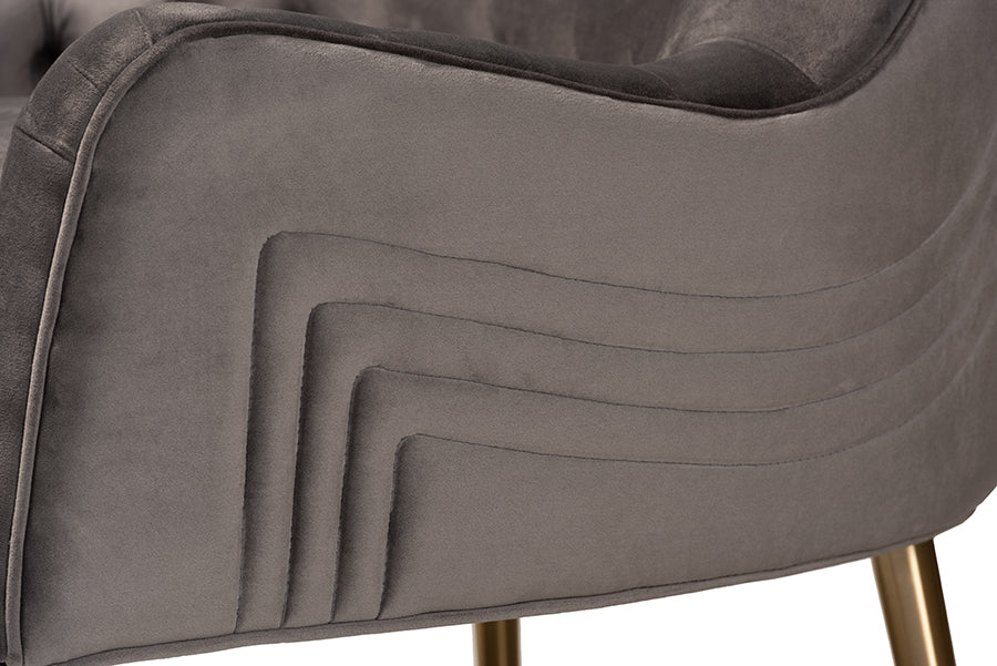 Baxton Studio Nelson Modern Luxe and Glam Grey Velvet Fabric Upholstered and Gold Finished Metal Armchair | Armchairs | Modishstore - 3