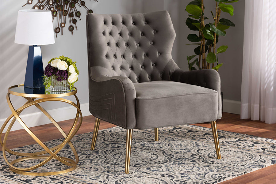 Baxton Studio Nelson Modern Luxe and Glam Grey Velvet Fabric Upholstered and Gold Finished Metal Armchair | Armchairs | Modishstore