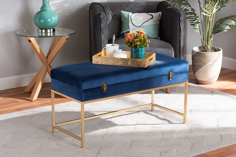 Baxton Studio Aliana Glam and Luxe Navy Blue Velvet Fabric Upholstered and Gold Finished Metal Large Storage Ottoman | Modishstore | Ottomans
