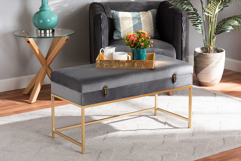 Baxton Studio Aliana Glam and Luxe Grey Velvet Fabric Upholstered and Gold Finished Metal Large Storage Ottoman | Modishstore | Ottomans
