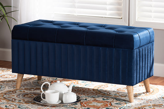 Baxton Studio Hanley Modern and Contemporary Navy Blue Velvet Fabric Upholstered and Walnut Brown Finished Wood Storage Ottoman | Modishstore | Ottomans