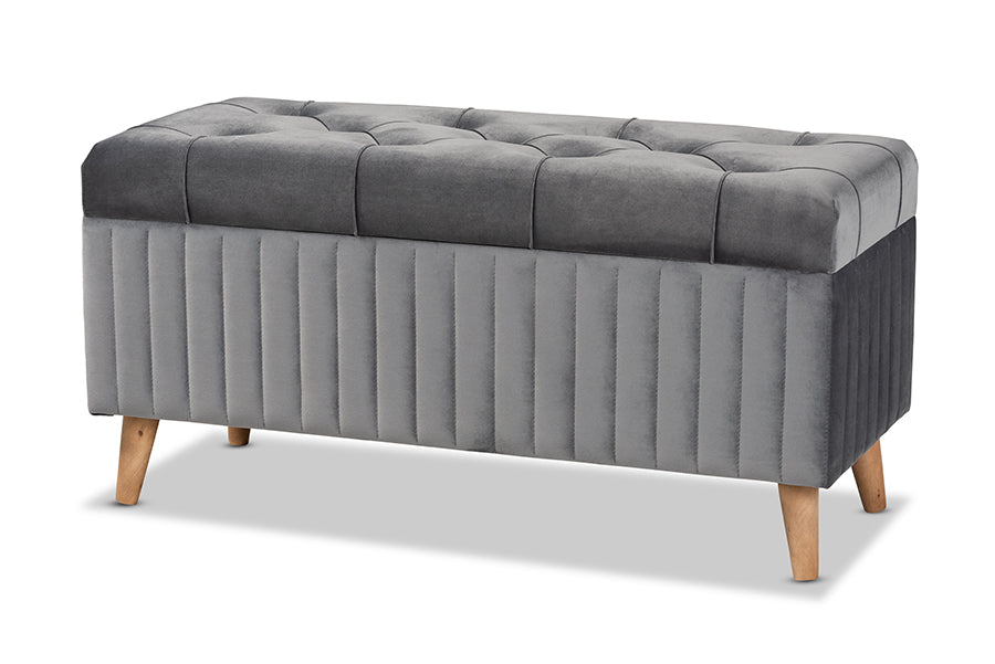 baxton studio hanley modern and contemporary grey velvet fabric upholstered and walnut brown finished wood storage ottoman | Modish Furniture Store-2
