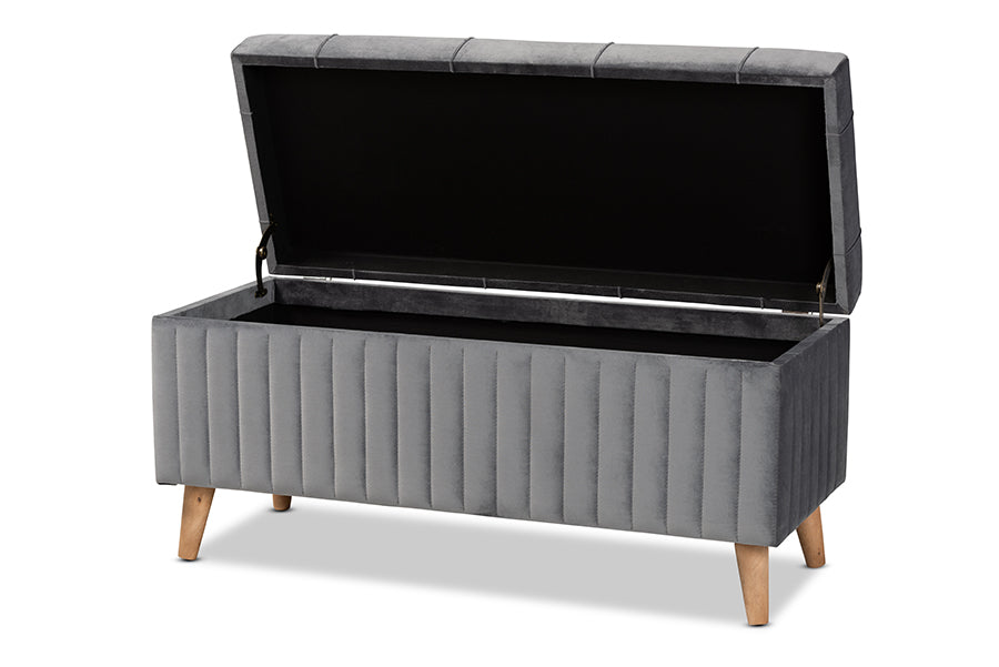 baxton studio hanley modern and contemporary grey velvet fabric upholstered and walnut brown finished wood storage ottoman | Modish Furniture Store-3