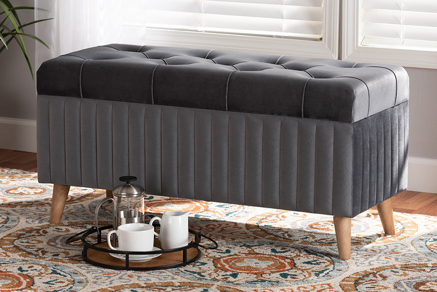 Baxton Studio Hanley Modern and Contemporary Grey Velvet Fabric Upholstered and Walnut Brown Finished Wood Storage Ottoman | Modishstore | Ottomans