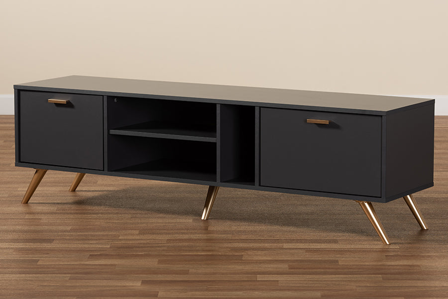 Baxton Studio Kelson Modern and Contemporary Dark Grey and Gold Finished Wood TV Stand | TV Stands | Modishstore - 3