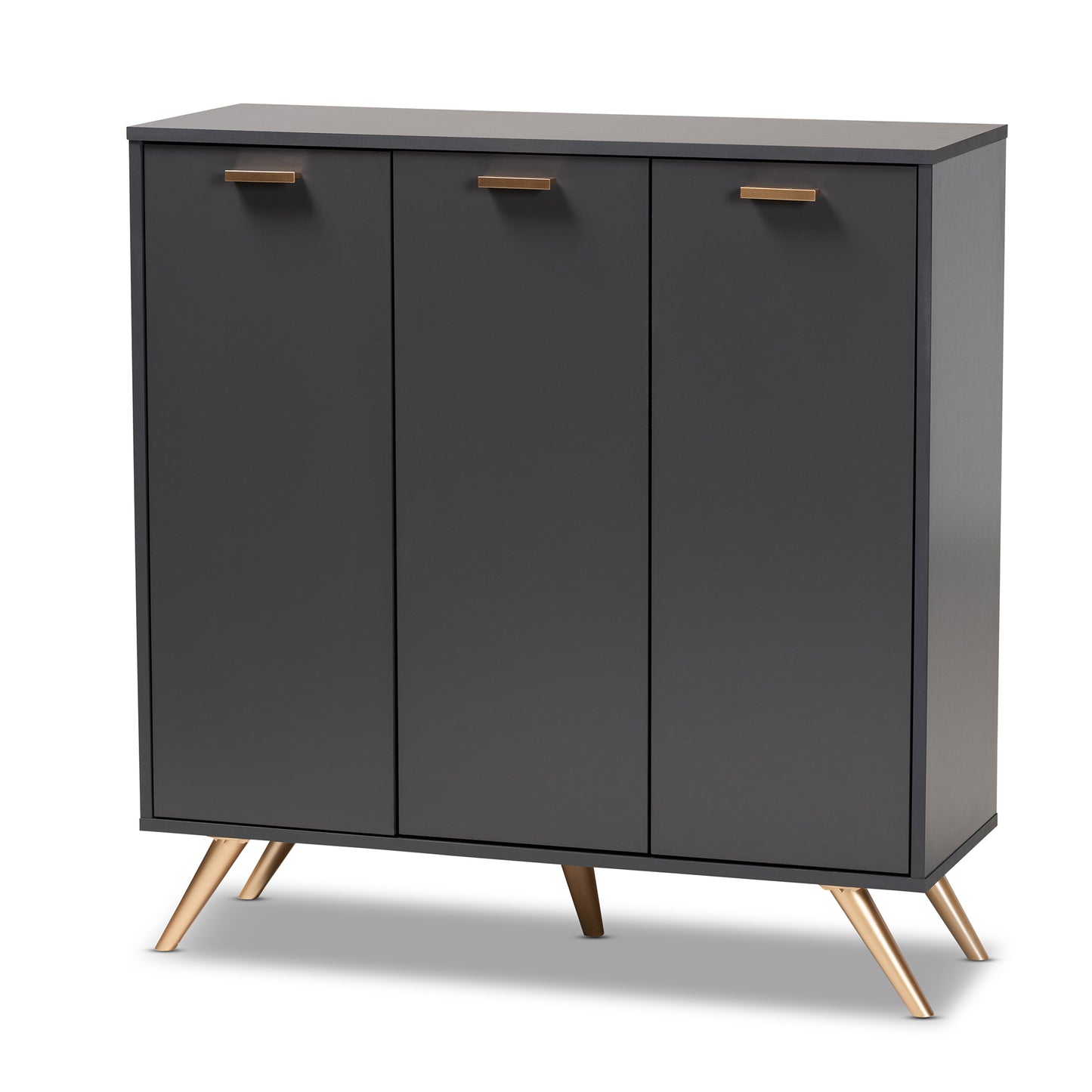 Baxton Studio Kelson Modern and Contemporary Dark Grey and Gold Finished Wood 3-Door Shoe Cabinet | Cabinets | Modishstore - 2
