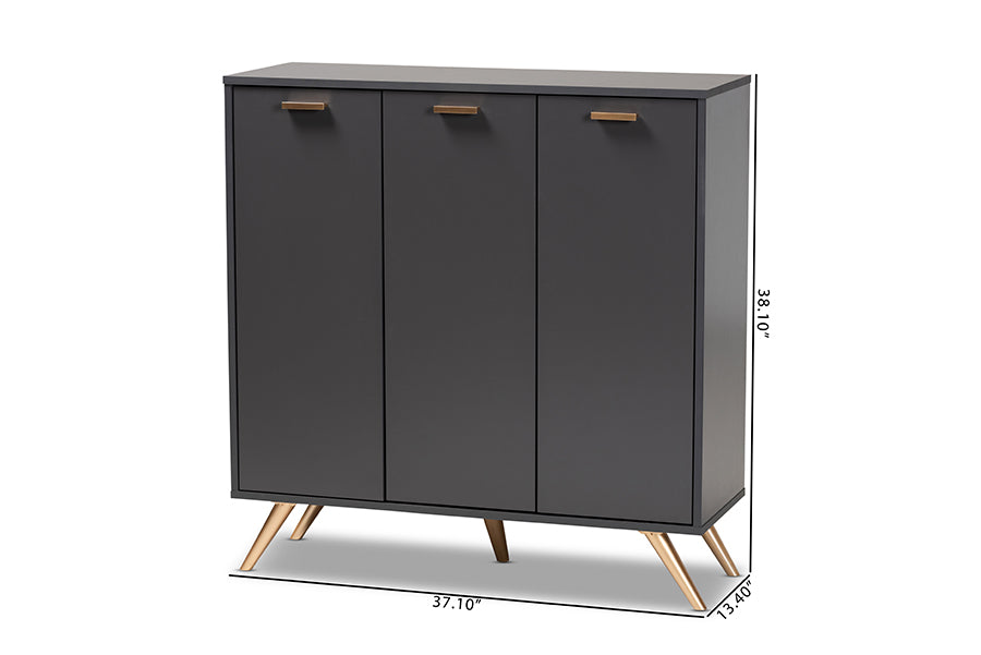 Baxton Studio Kelson Modern and Contemporary Dark Grey and Gold Finished Wood 3-Door Shoe Cabinet | Cabinets | Modishstore - 9