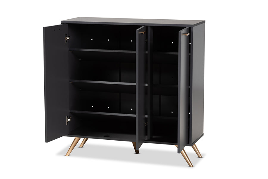 Baxton Studio Kelson Modern and Contemporary Dark Grey and Gold Finished Wood 3-Door Shoe Cabinet | Cabinets | Modishstore - 8