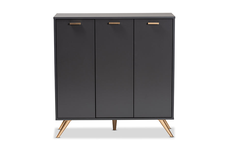 Baxton Studio Kelson Modern and Contemporary Dark Grey and Gold Finished Wood 3-Door Shoe Cabinet | Cabinets | Modishstore - 7