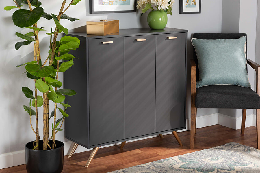 Baxton Studio Kelson Modern and Contemporary Dark Grey and Gold Finished Wood 3-Door Shoe Cabinet | Cabinets | Modishstore - 3