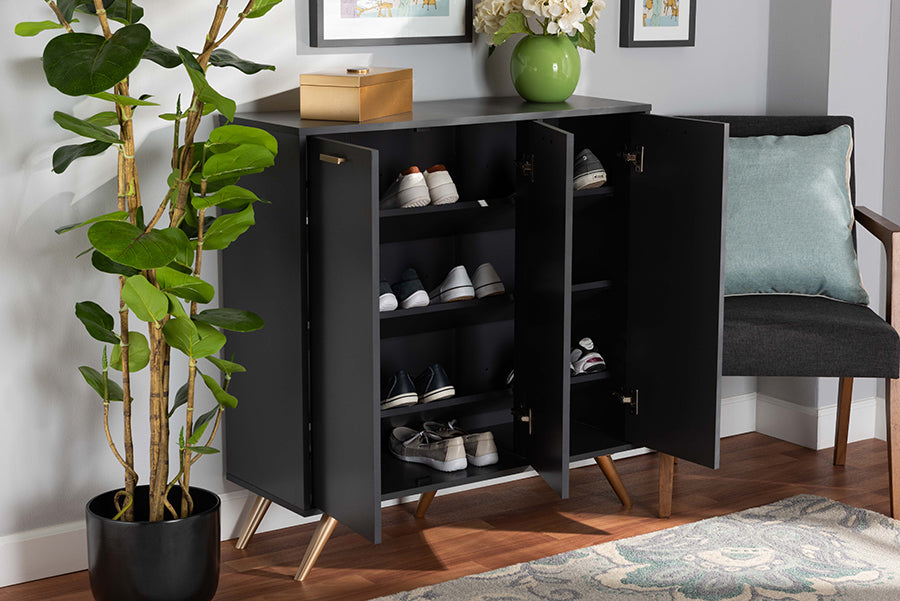 Baxton Studio Kelson Modern and Contemporary Dark Grey and Gold Finished Wood 3-Door Shoe Cabinet | Cabinets | Modishstore