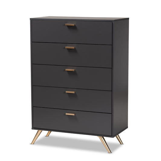 Baxton Studio Kelson Modern and Contemporary Dark Grey and Gold Finished Wood 5-Drawer Chest | Drawers | Modishstore