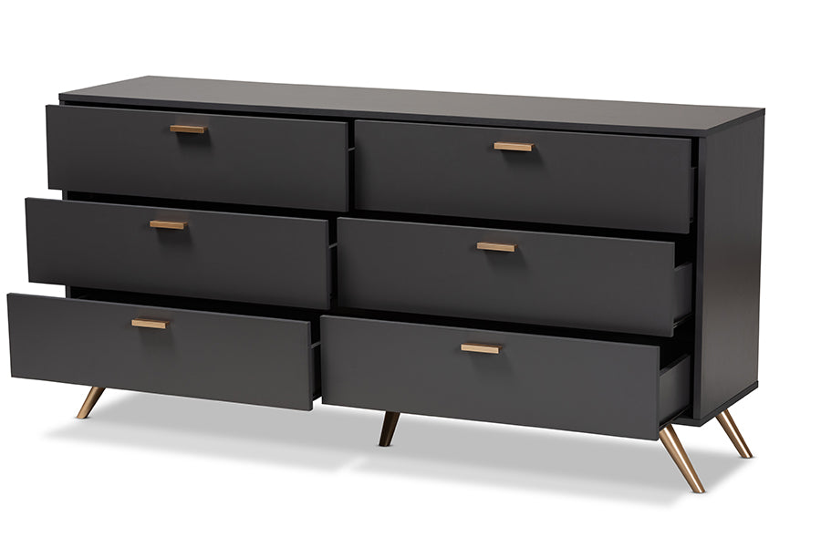 Baxton Studio Kelson Modern and Contemporary Dark Grey and Gold Finished Wood 6-Drawer Dresser | Dressers | Modishstore - 7