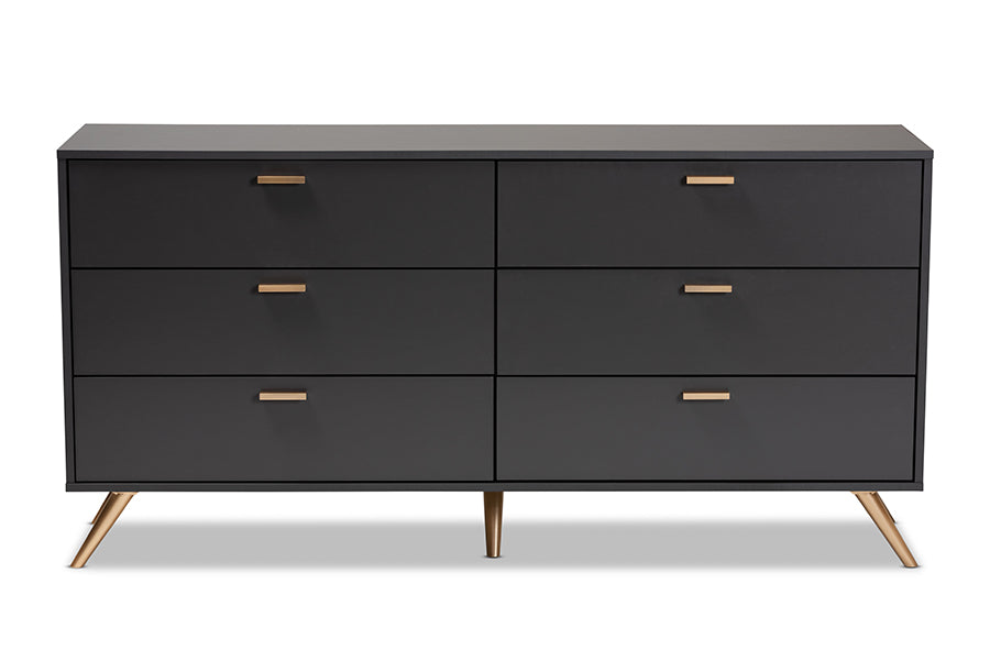 Baxton Studio Kelson Modern and Contemporary Dark Grey and Gold Finished Wood 6-Drawer Dresser | Dressers | Modishstore - 6