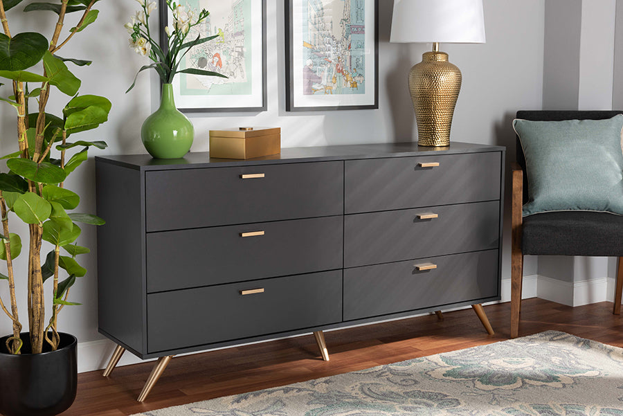 Baxton Studio Kelson Modern and Contemporary Dark Grey and Gold Finished Wood 6-Drawer Dresser | Dressers | Modishstore - 9