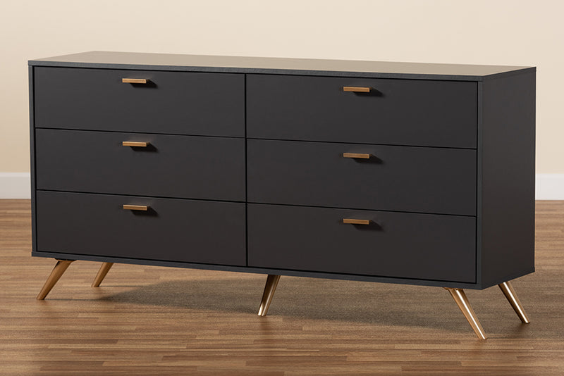 Baxton Studio Kelson Modern and Contemporary Dark Grey and Gold Finished Wood 6-Drawer Dresser | Dressers | Modishstore
