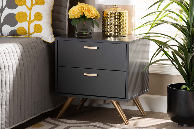 Baxton Studio Kelson Modern and Contemporary Dark Grey and Gold Finished Wood 2-Drawer Nightstand | Nightstands | Modishstore