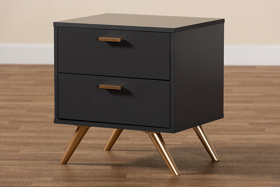 Baxton Studio Kelson Modern and Contemporary Dark Grey and Gold Finished Wood 2-Drawer Nightstand | Nightstands | Modishstore - 3