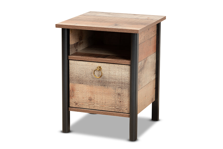 baxton studio vaughan modern and contemporary two tone rustic oak brown and black finished wood nightstand | Modish Furniture Store-2