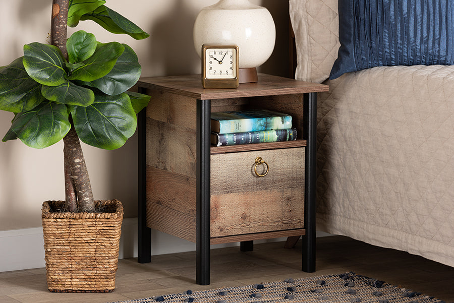 Baxton Studio Vaughan Modern and Contemporary Two-Tone Rustic Oak Brown and Black Finished Wood Nightstand | Modishstore | Nightstands