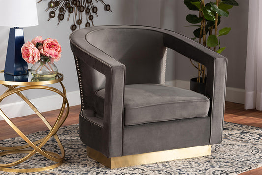 Baxton Studio Neville Modern Luxe and Glam Grey Velvet Fabric Upholstered and Gold Finished Metal Armchair | Armchairs | Modishstore