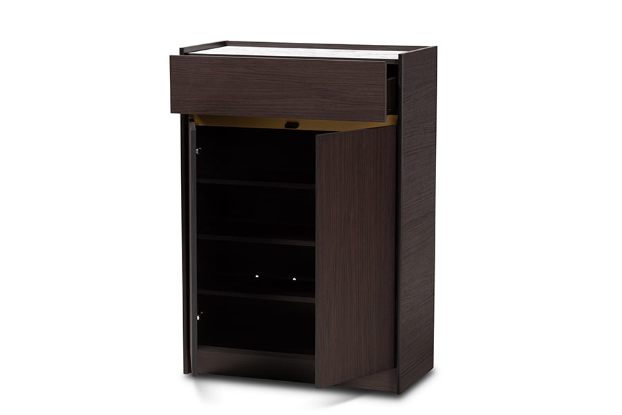 Baxton Studio Walker Modern and Contemporary Dark Brown and Gold Finished Wood Shoe Cabinet with Faux Marble Top | Cabinets | Modishstore - 8