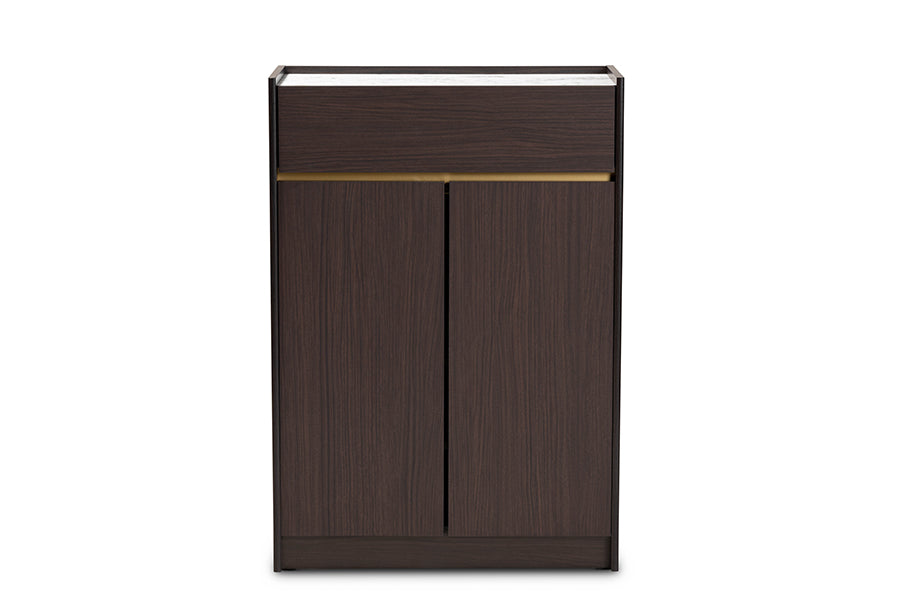 Baxton Studio Walker Modern and Contemporary Dark Brown and Gold Finished Wood Shoe Cabinet with Faux Marble Top | Cabinets | Modishstore - 7