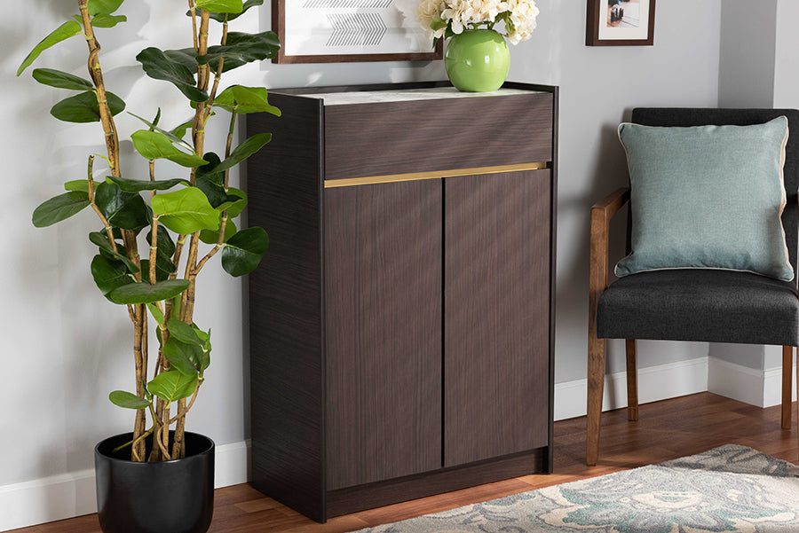 Baxton Studio Walker Modern and Contemporary Dark Brown and Gold Finished Wood Shoe Cabinet with Faux Marble Top | Cabinets | Modishstore - 3