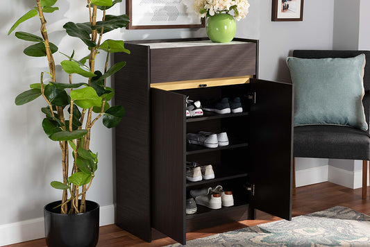 Baxton Studio Walker Modern and Contemporary Dark Brown and Gold Finished Wood Shoe Cabinet with Faux Marble Top | Cabinets | Modishstore