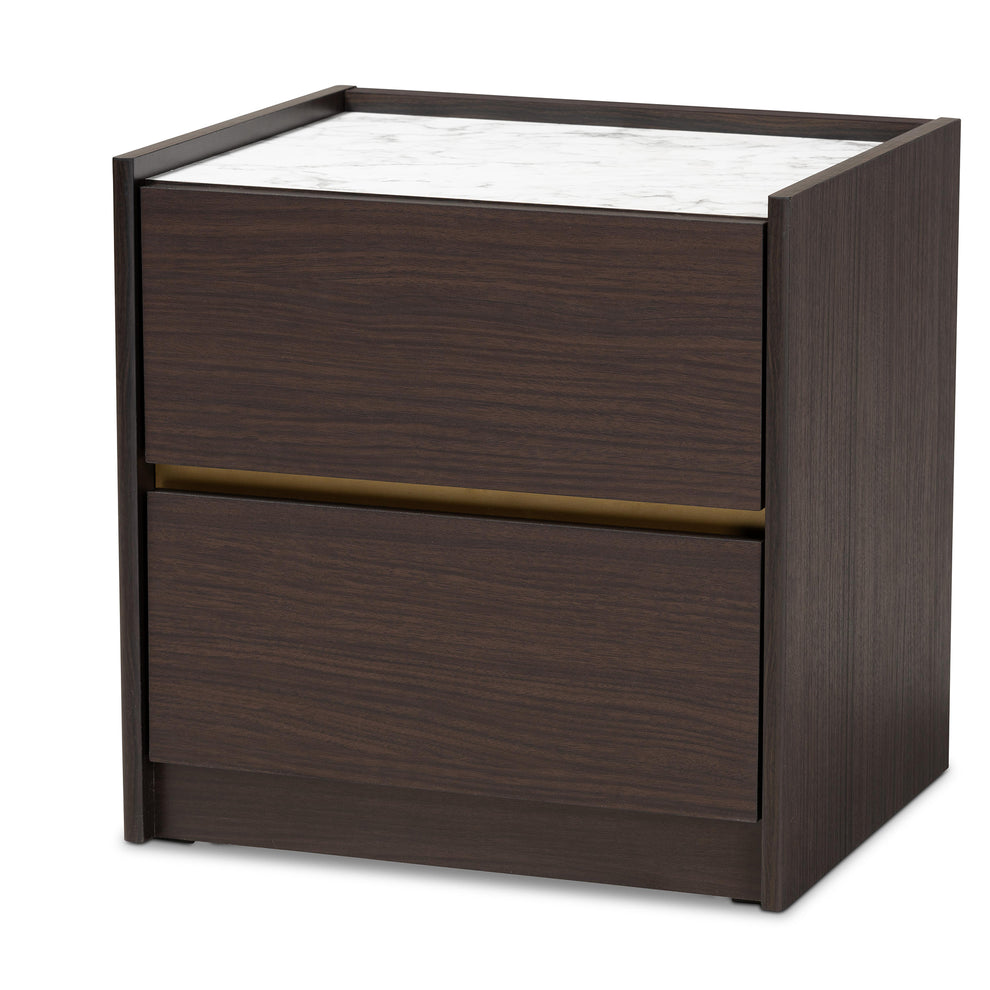 Baxton Studio Walker Modern and Contemporary Dark Brown and Gold Finished Wood Nightstand with Faux Marble Top | Nightstands | Modishstore - 2