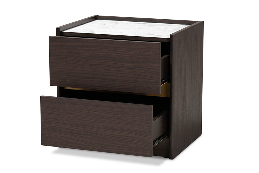 Baxton Studio Walker Modern and Contemporary Dark Brown and Gold Finished Wood Nightstand with Faux Marble Top | Nightstands | Modishstore - 8