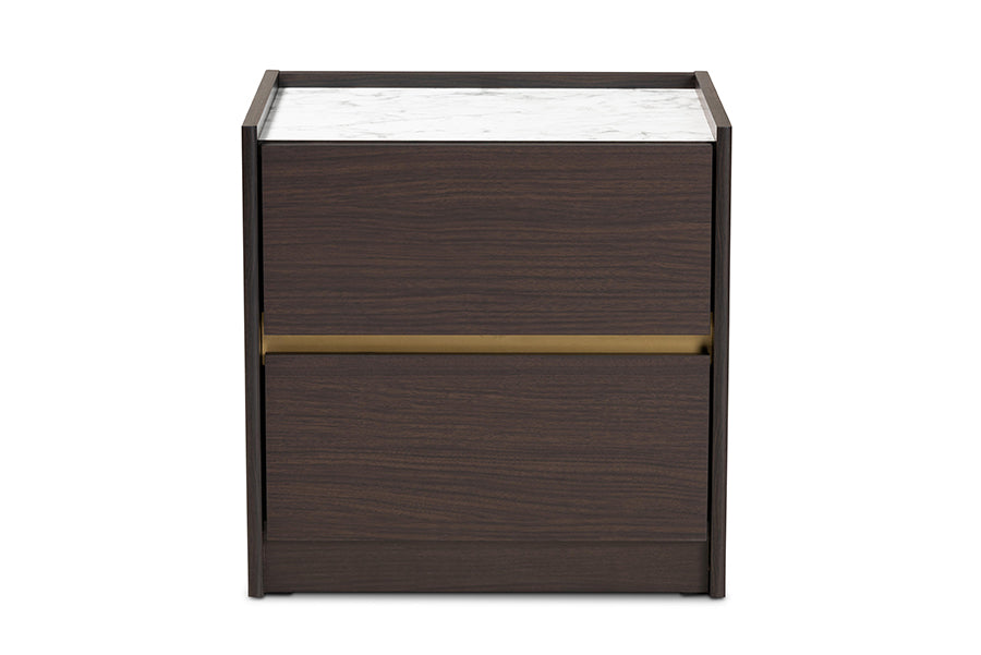 Baxton Studio Walker Modern and Contemporary Dark Brown and Gold Finished Wood Nightstand with Faux Marble Top | Nightstands | Modishstore - 7
