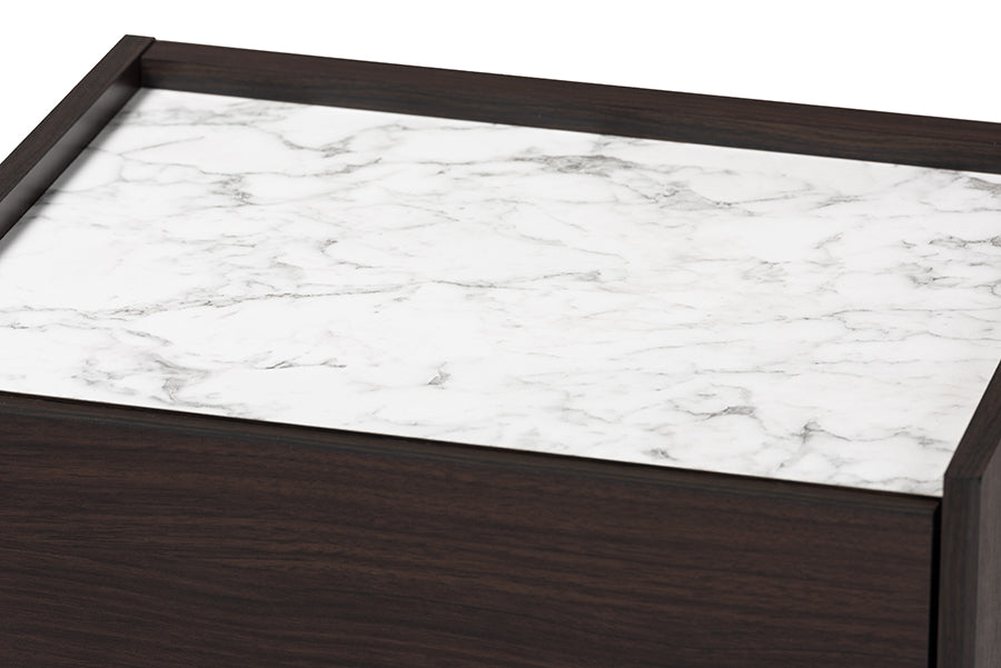 Baxton Studio Walker Modern and Contemporary Dark Brown and Gold Finished Wood Nightstand with Faux Marble Top | Nightstands | Modishstore - 4