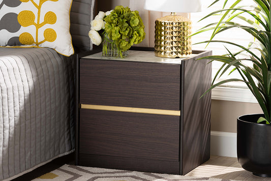 Baxton Studio Walker Modern and Contemporary Dark Brown and Gold Finished Wood Nightstand with Faux Marble Top | Nightstands | Modishstore