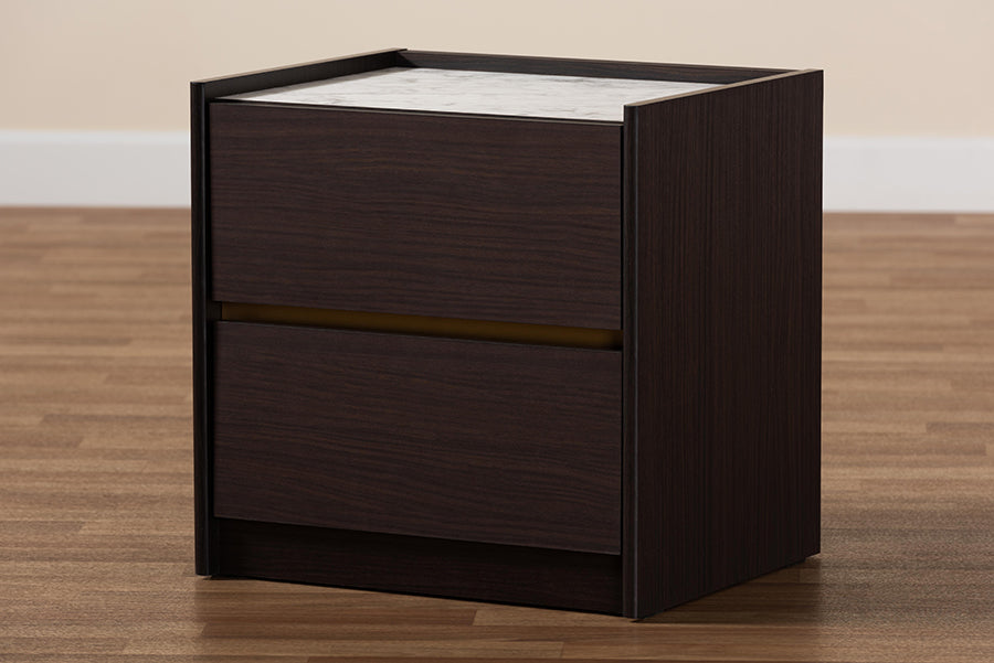 Baxton Studio Walker Modern and Contemporary Dark Brown and Gold Finished Wood Nightstand with Faux Marble Top | Nightstands | Modishstore - 3