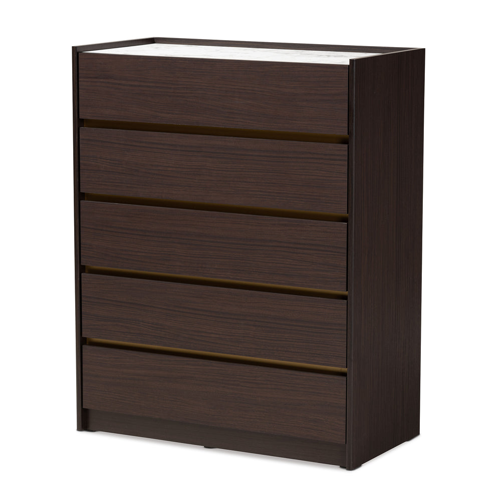 Baxton Studio Walker Modern and Contemporary Dark Brown and Gold Finished Wood 5-Drawer Chest with Faux Marble Top | Drawers | Modishstore - 4