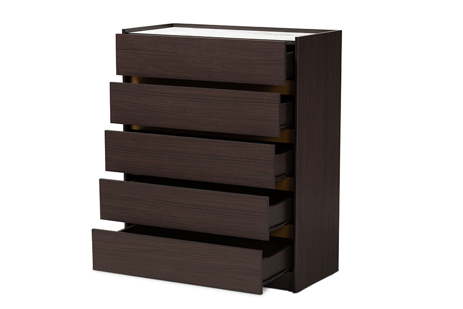 Baxton Studio Walker Modern and Contemporary Dark Brown and Gold Finished Wood 5-Drawer Chest with Faux Marble Top | Drawers | Modishstore - 7