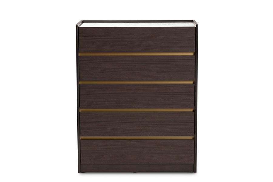 Baxton Studio Walker Modern and Contemporary Dark Brown and Gold Finished Wood 5-Drawer Chest with Faux Marble Top | Drawers | Modishstore - 6