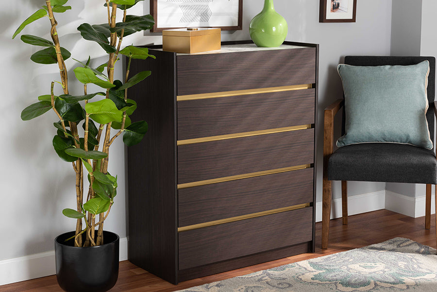 Baxton Studio Walker Modern and Contemporary Dark Brown and Gold Finished Wood 5-Drawer Chest with Faux Marble Top | Drawers | Modishstore - 9