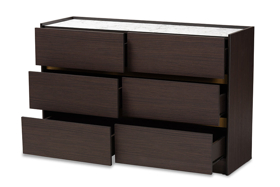 Baxton Studio Walker Modern and Contemporary Dark Brown and Gold Finished Wood 6-Drawer Dresser with Faux Marble Top | Dressers | Modishstore - 8