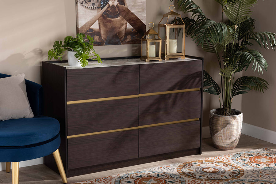 Baxton Studio Walker Modern and Contemporary Dark Brown and Gold Finished Wood 6-Drawer Dresser with Faux Marble Top | Dressers | Modishstore