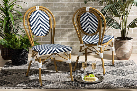 Baxton Studio Alaire Classic French Indoor and Outdoor Blue and White Bamboo Style Stackable 2-Piece Bistro Dining Chair Set | Modishstore