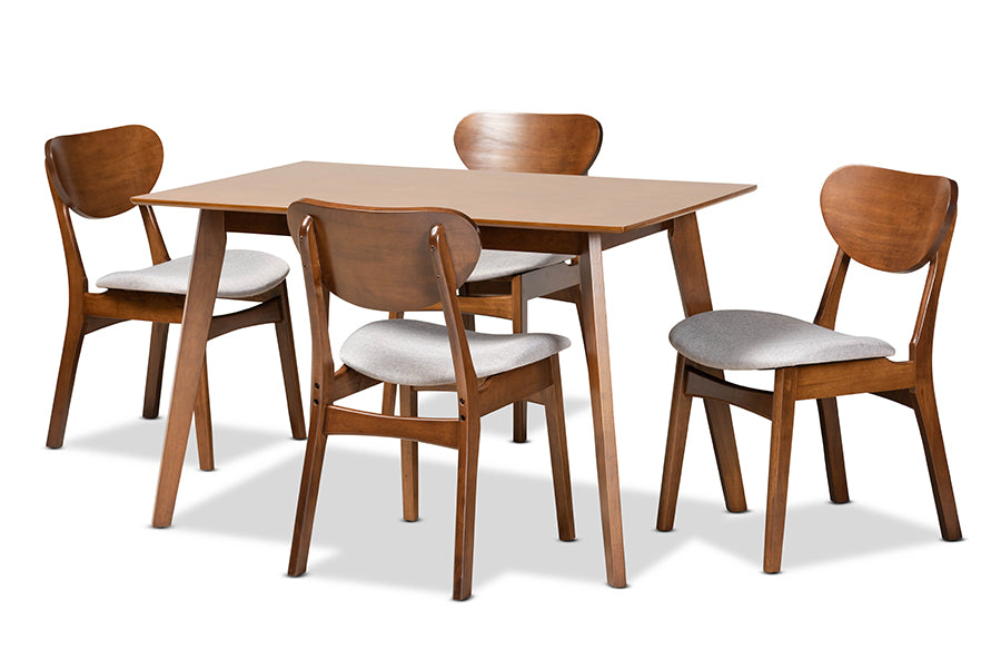Baxton Studio Katya Mid-Century Modern Grey Fabric Upholstered and Walnut Brown Finished Wood 5-Piece Dining Set | Dining Sets | Modishstore - 3