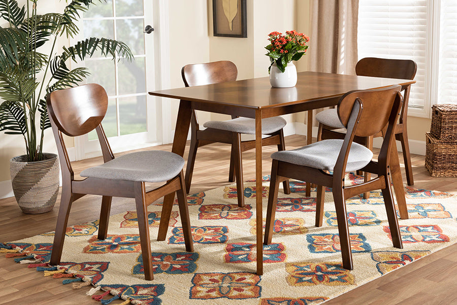 Baxton Studio Katya Mid-Century Modern Grey Fabric Upholstered and Walnut Brown Finished Wood 5-Piece Dining Set | Dining Sets | Modishstore