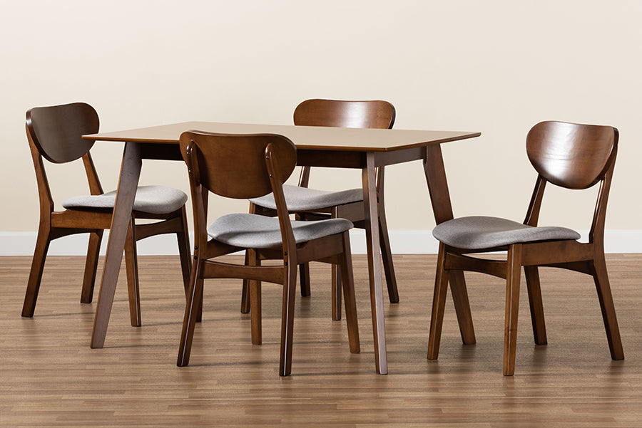 Baxton Studio Katya Mid-Century Modern Grey Fabric Upholstered and Walnut Brown Finished Wood 5-Piece Dining Set | Dining Sets | Modishstore - 2